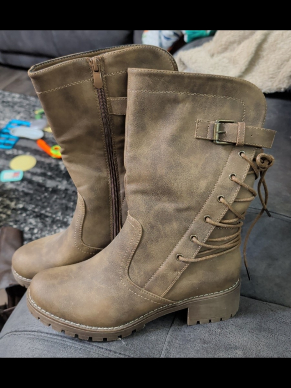 Global Win Women's Brown Lace-Up Mid-Calf Boots with Side Zip